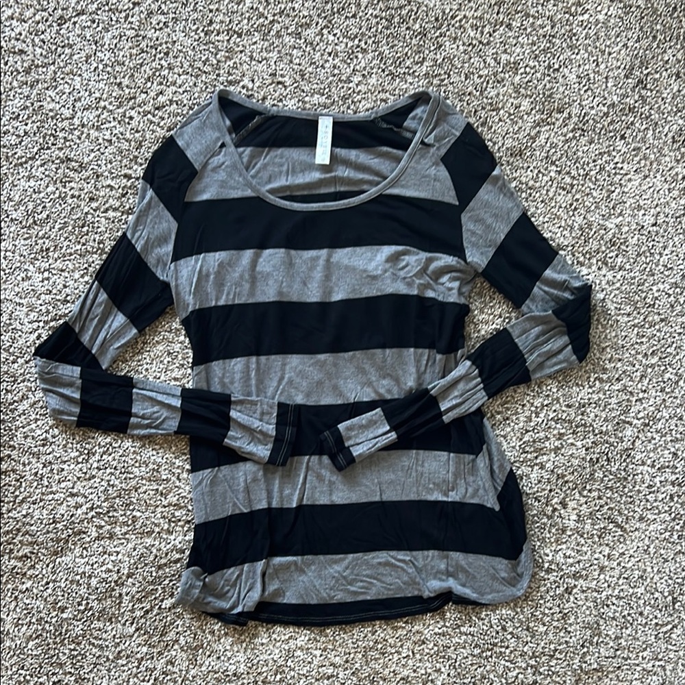 Soybu Black and Gray Striped Long Sleeve Top